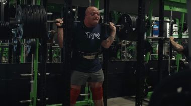 2024 Strongest Man on Earth Mitchell Hooper performs a barbell back squat.