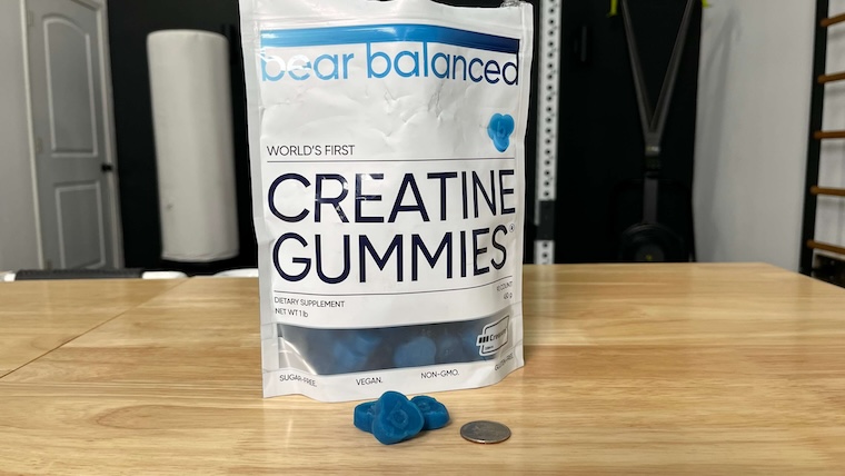 A bag of Bear Balanced Creatine Gummies in the BarBend gym.