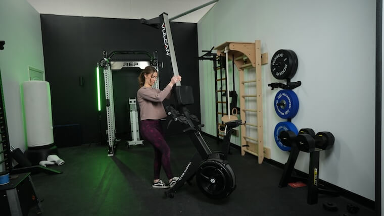 Our tester lifting the Vulcan Scull Rower