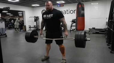 Eddie Hall performs a trap bar deadlift.