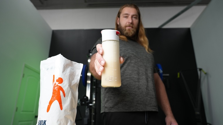 Our tester holding a full shake of Bulk Supplements Soy Protein Isolate