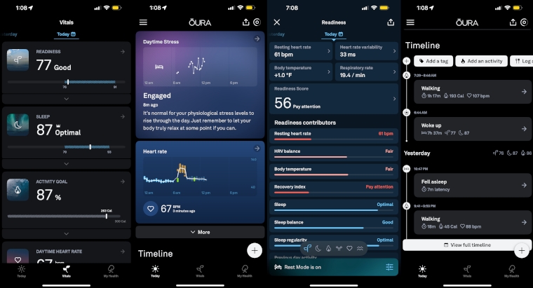 Scrrenshots of the many tracking features in the Oura Ring app