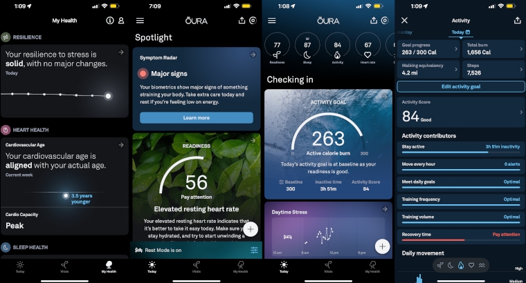 Sreenshots of My Health and other analytics in the Oura Ring app