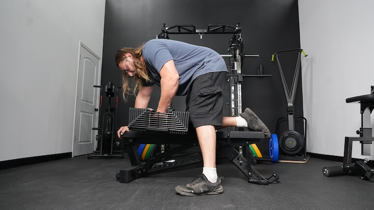 Our tester performing a row with the PowerBlock Pro 100 EXP Adjustable Dumbbells