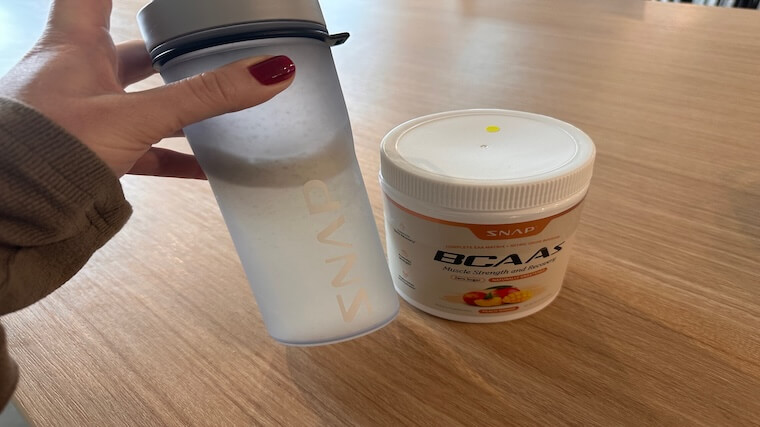 Our tester with a blended serving of Snap Supplements BCAAs