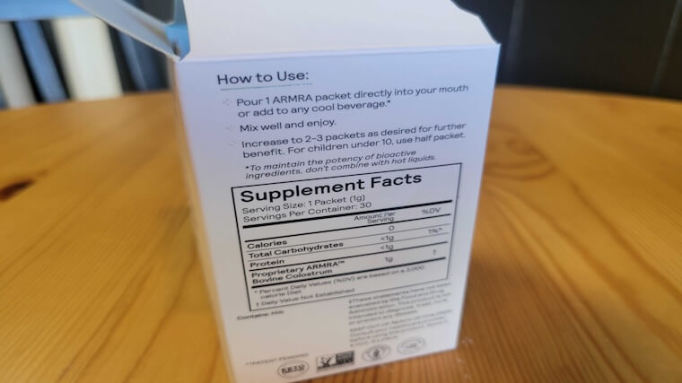 ARMRA Colostrum supplement facts