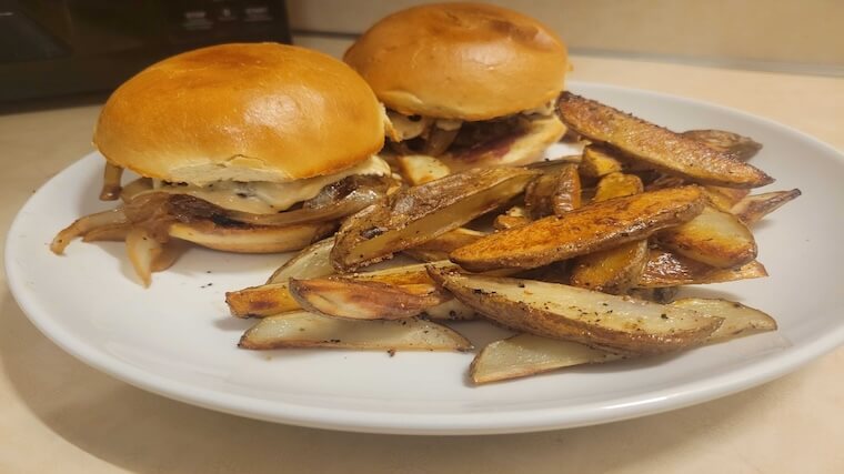 Our tester's prepared EveryPlate dish — Caramelized Onion Burgers