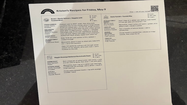 Our tester's full recipe cards from their recent Hungryroot order