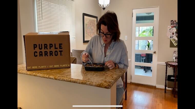 Our tester enjoying a serving of Purple Carrot meal delivery services