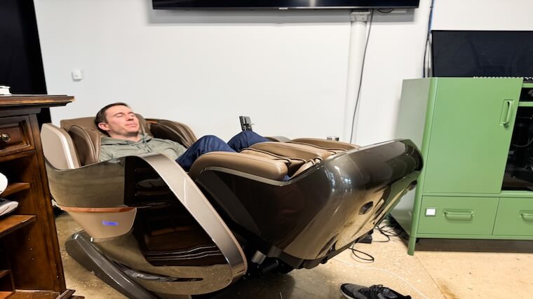 Our tester lounging in the Costway Therapy 22 massage chair