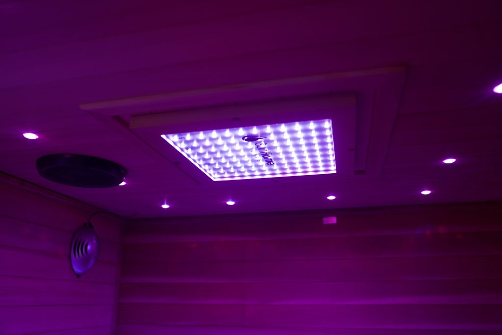 Close-up of lights in Sun Home Luminar 5 Person Sauna