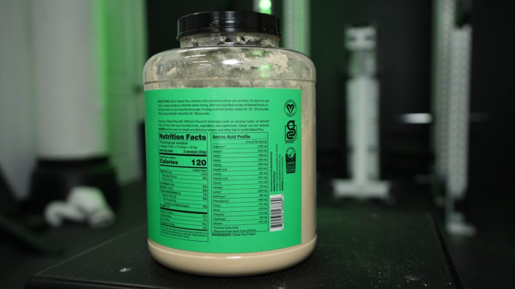 Nutrition facts label on a container of Naked Pea Protein Isolate