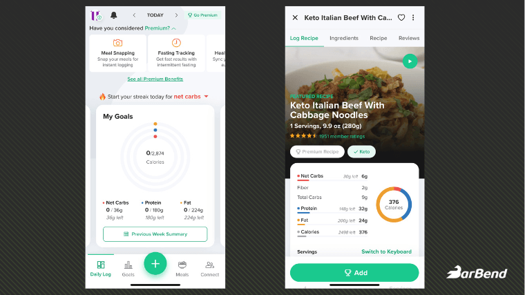 Carb Manager app interface screenshots