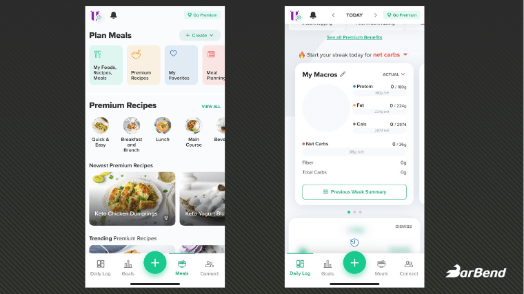 Carb Manager app interface screenshots