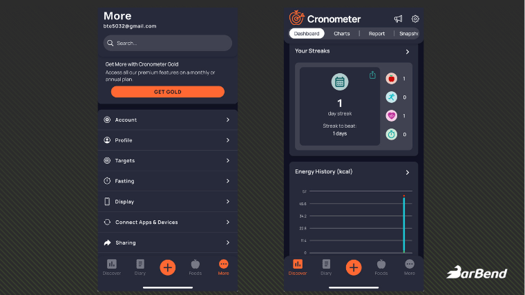 Screenshots from the Cronometer app user interface