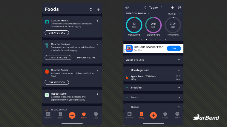 Screenshots from the Cronometer app user interface