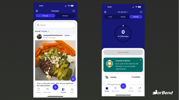 Screenshots from our tester's WeightWatchers app interface