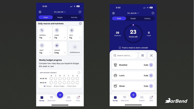 Screenshots from our tester's WeightWatchers app interface
