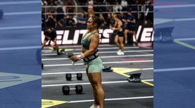Mirjam von Rohr waves to the crowd at the CrossFit Games